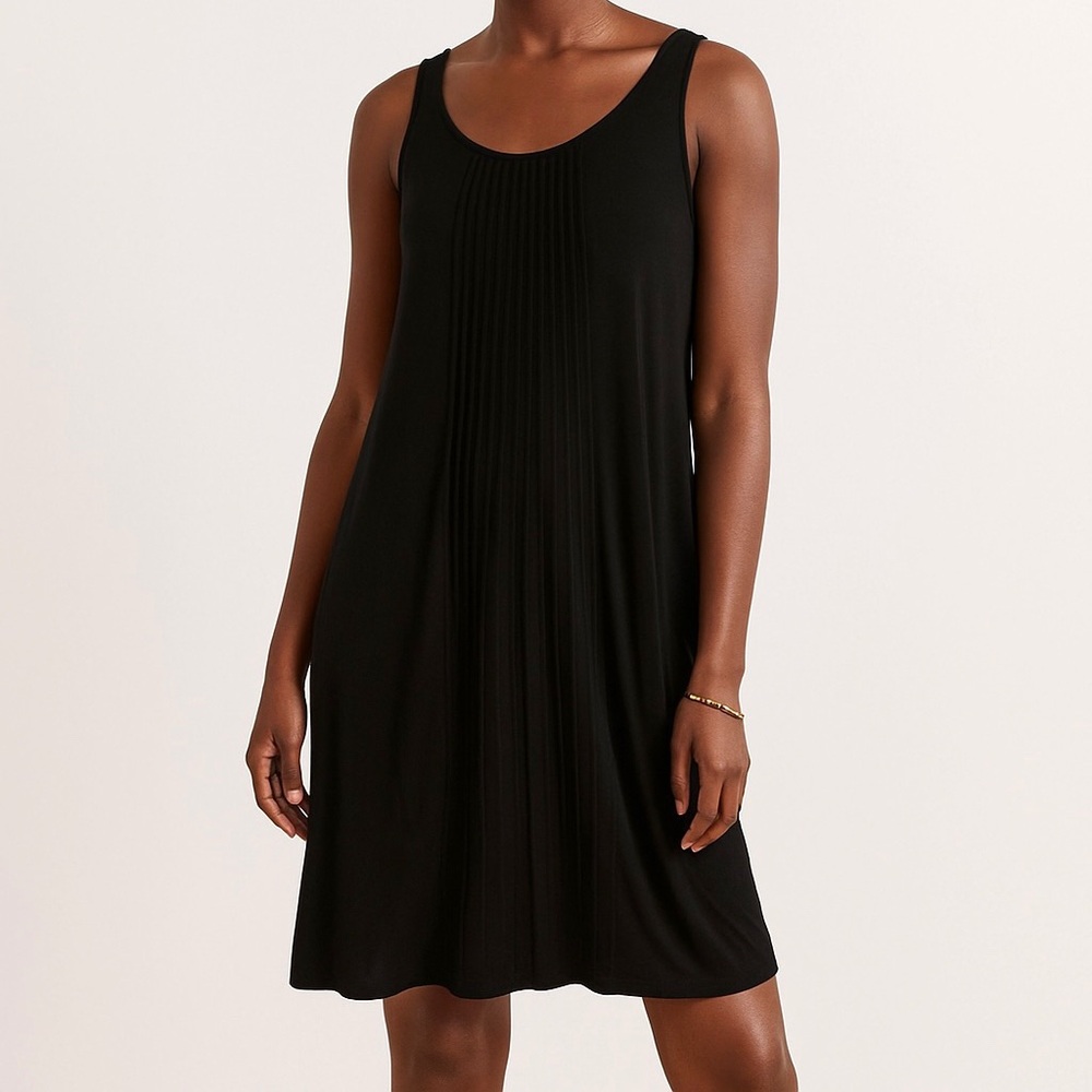 Eileen Fisher Black Linen Tank Dress Shift Sleeveless Pintuck XS Quiet Luxury